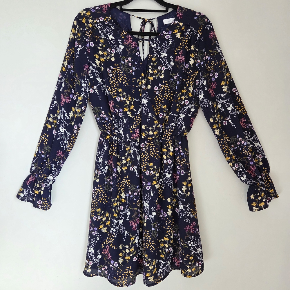 Lush Navy Blue Floral Mini Dress Size M Faux Wrap Keyhole Neckline Ruffle Sleeve